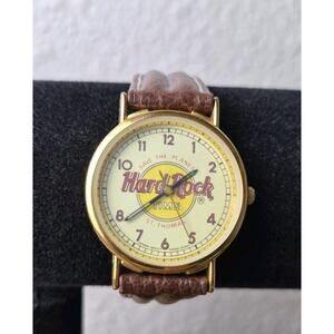 Hard Rock Cafe Watch St. Thomas Genuine Leather Band Brown Gold Bezel Analog